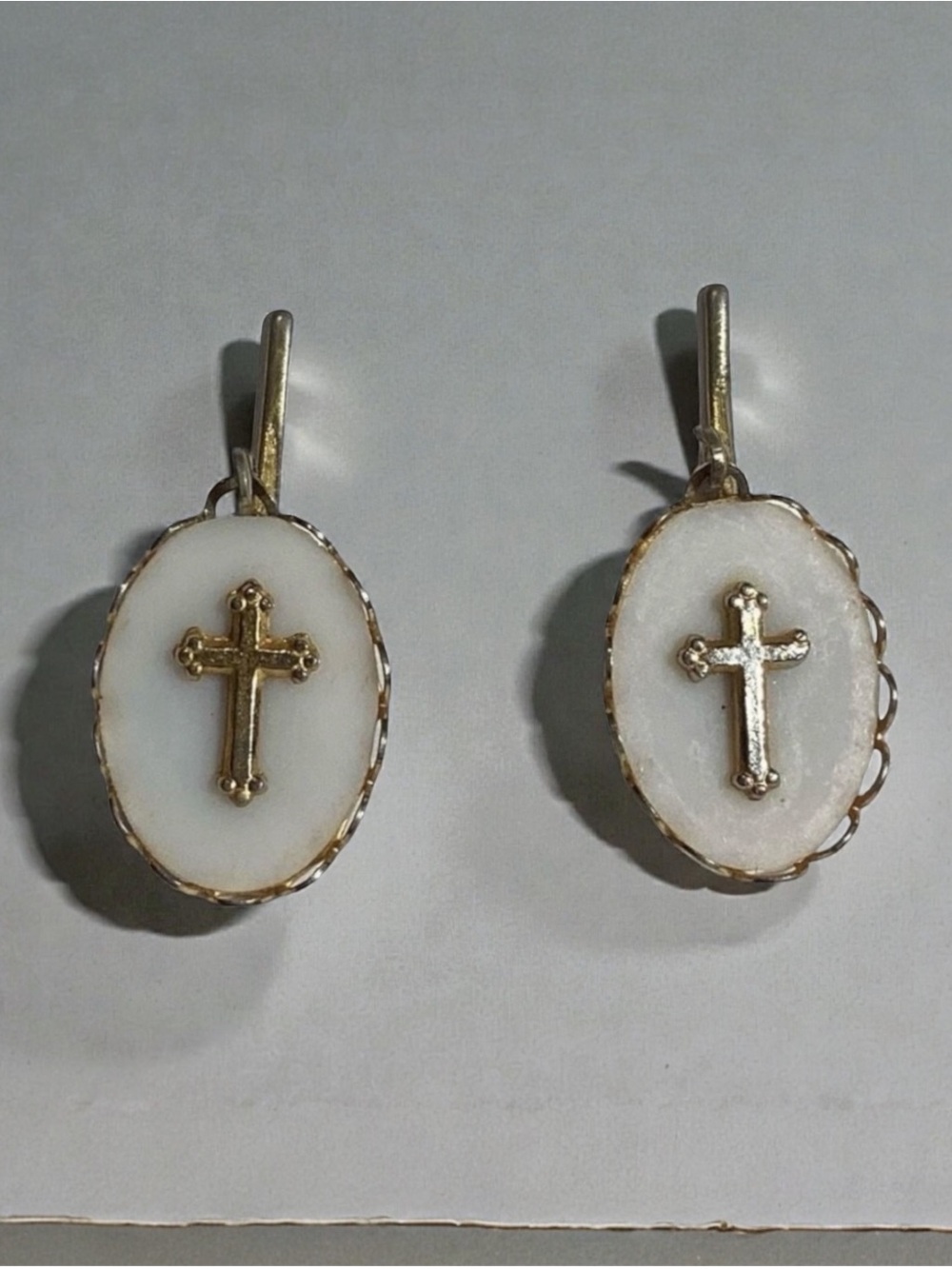 Gold Toned Oval Opal Cross Antique Clip On Earrings